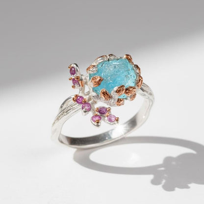 925 Sterling Silver Raw Paraiba Apatite Ring, worn look