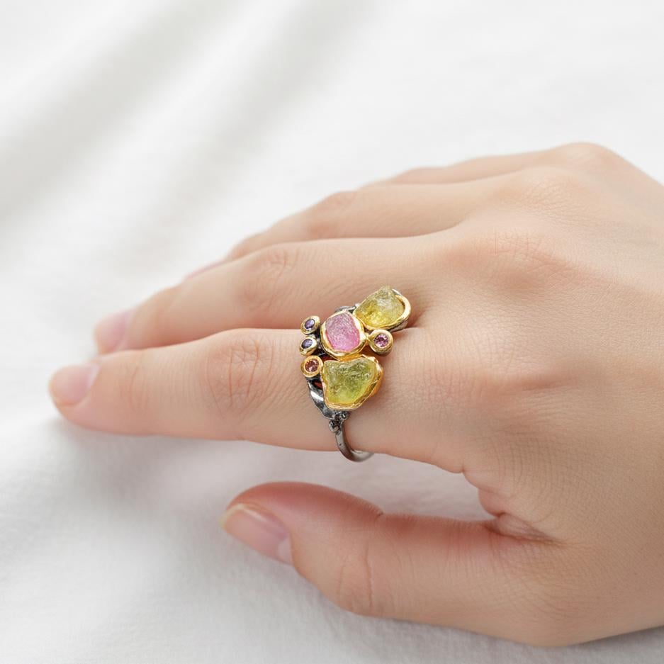 925 Sterling Silver Raw Peridot Ring, worn on hand
