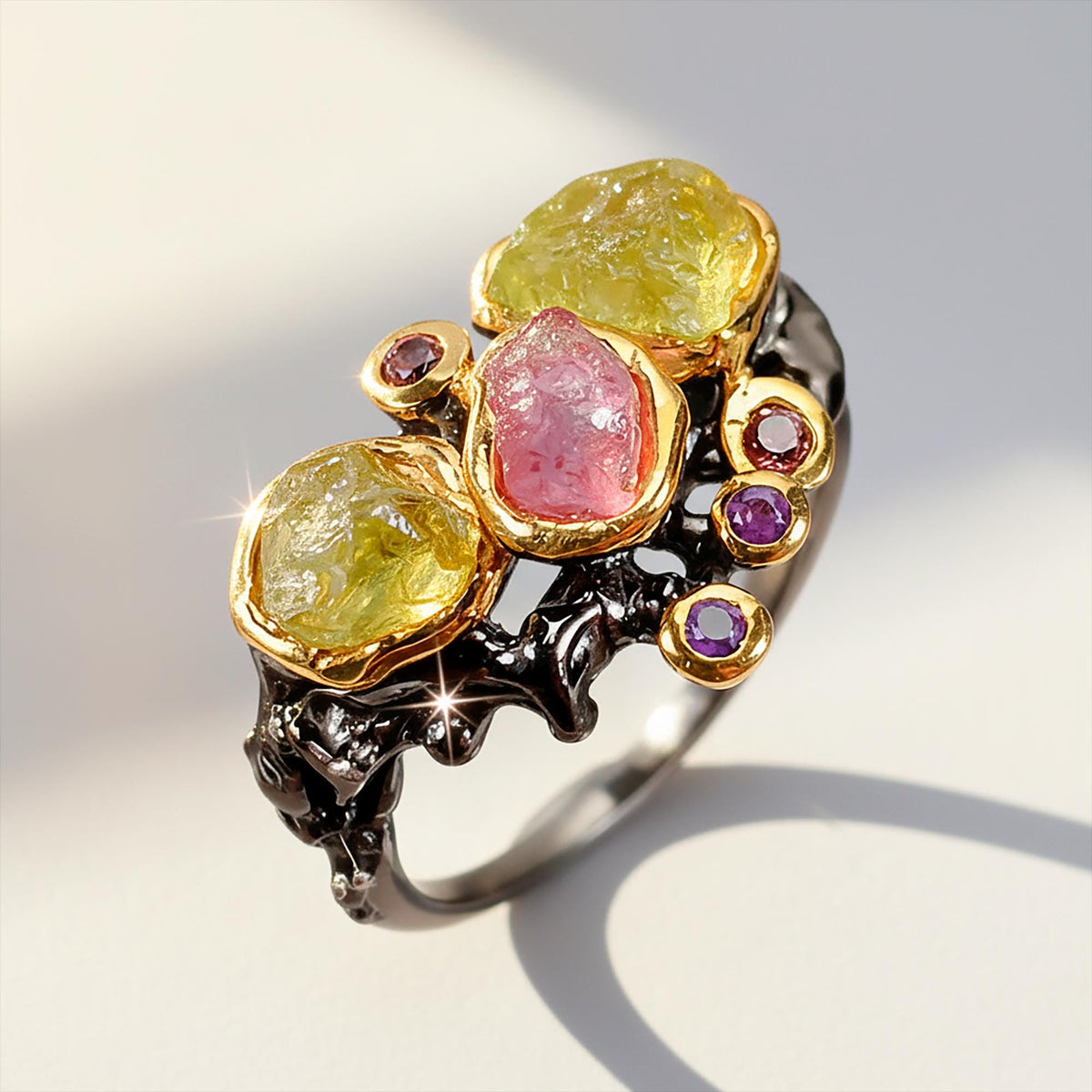 925 Sterling Silver Raw Peridot Ring, setting detail
