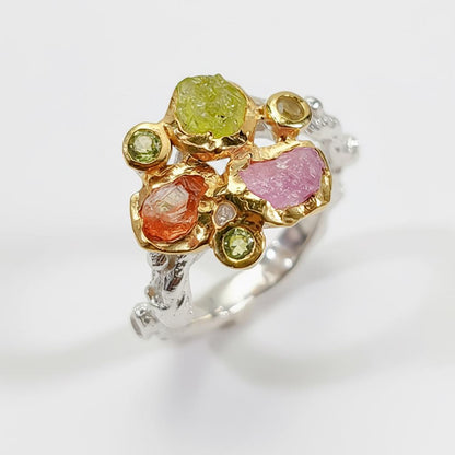 925 Sterling Silver Raw Peridot Ruby Sapphire Ring, close-up detail
