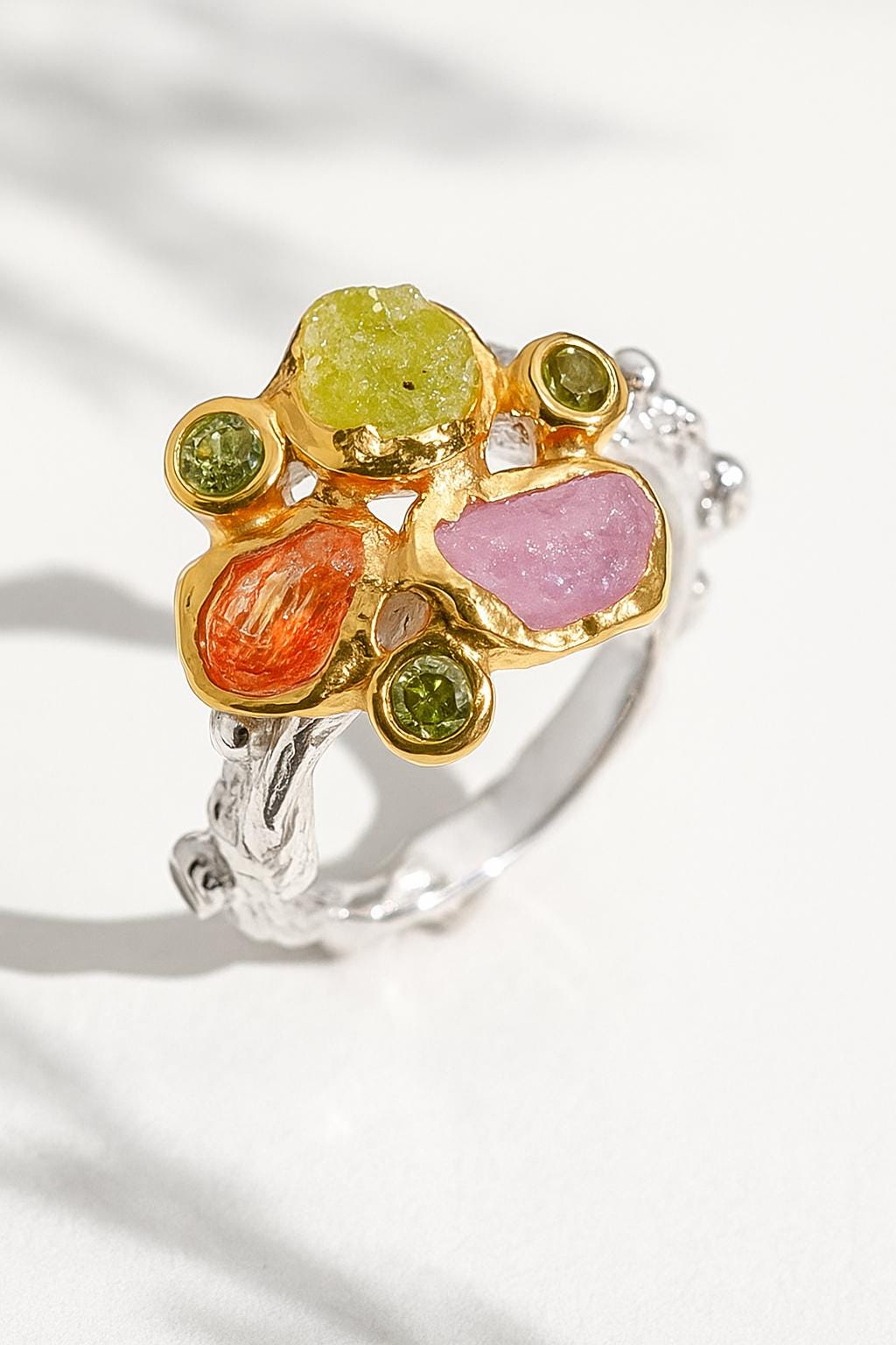925 Sterling Silver Raw Peridot Ruby Sapphire Ring, worn on hand