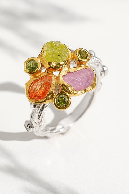 925 Sterling Silver Raw Peridot Ruby Sapphire Ring, worn on hand