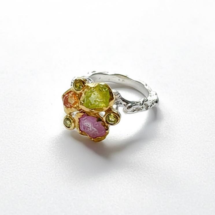 925 Sterling Silver Raw Peridot Ruby Sapphire Ring, setting detail