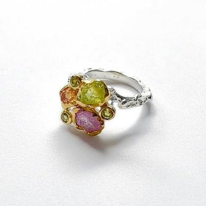925 Sterling Silver Raw Peridot Ruby Sapphire Ring, setting detail