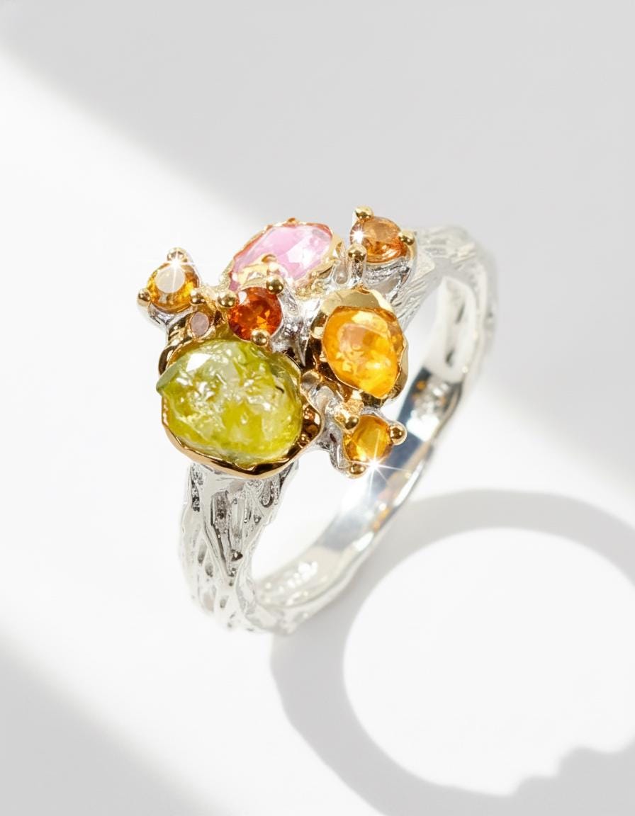 925 Silver Raw Colorful Peridot Sapphire Ring, texture close-up