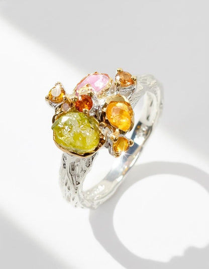 925 Silver Raw Colorful Peridot Sapphire Ring, texture close-up