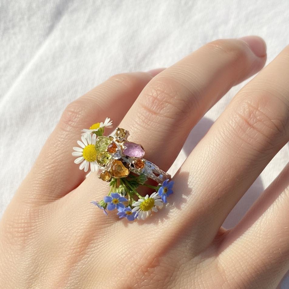 925 Silver Raw Colorful Peridot Sapphire Ring, alternate angle, image 11