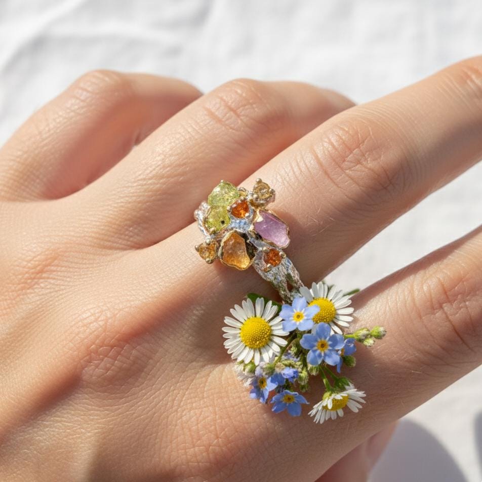 925 Silver Raw Colorful Peridot Sapphire Ring, close-up detail