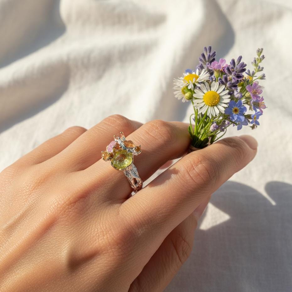 925 Silver Raw Colorful Peridot Sapphire Ring, worn on hand