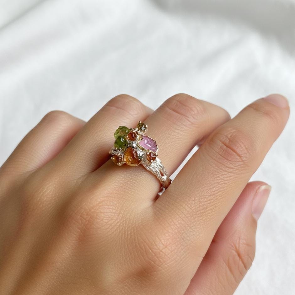 925 Silver Raw Colorful Peridot Sapphire Ring, additional angle