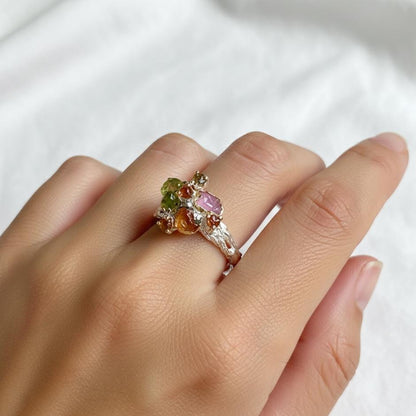 925 Silver Raw Colorful Peridot Sapphire Ring, additional angle