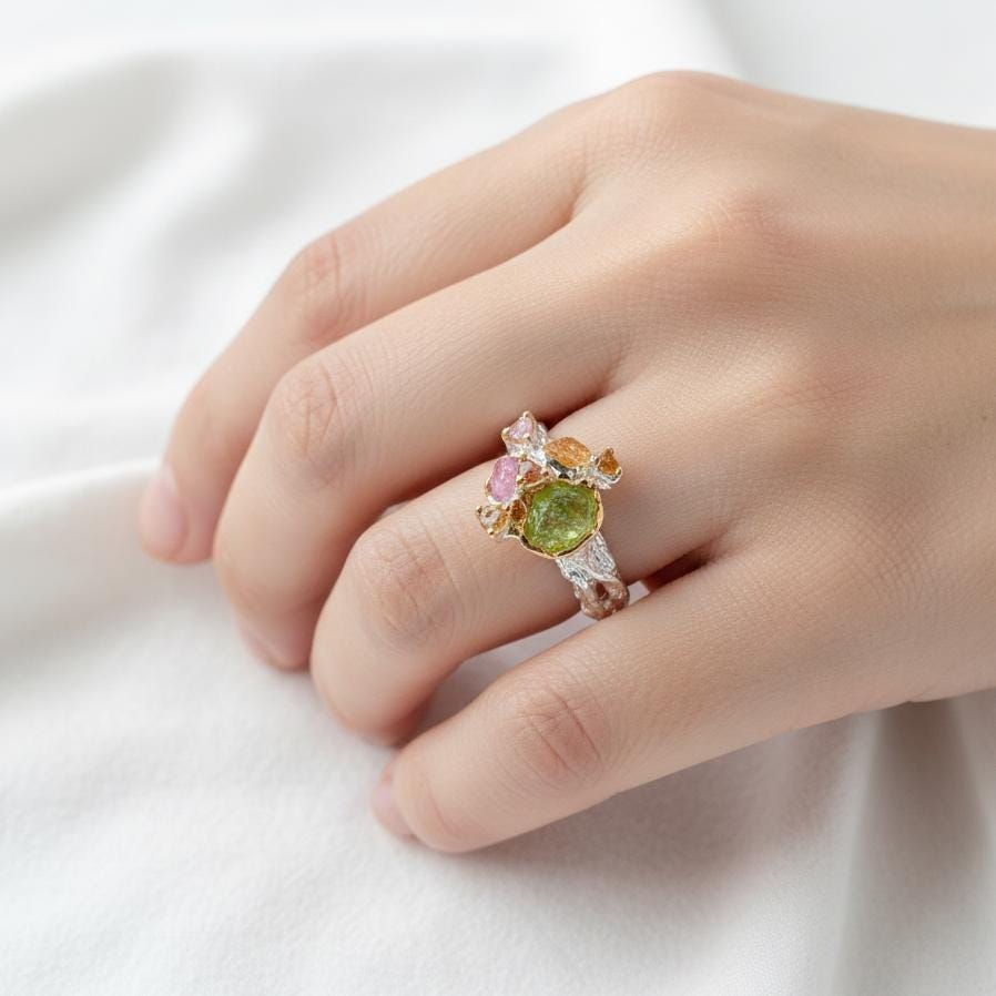 925 Silver Raw Colorful Peridot Sapphire Ring, worn look