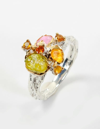 925 Silver Raw Colorful Peridot Sapphire Ring, band detail