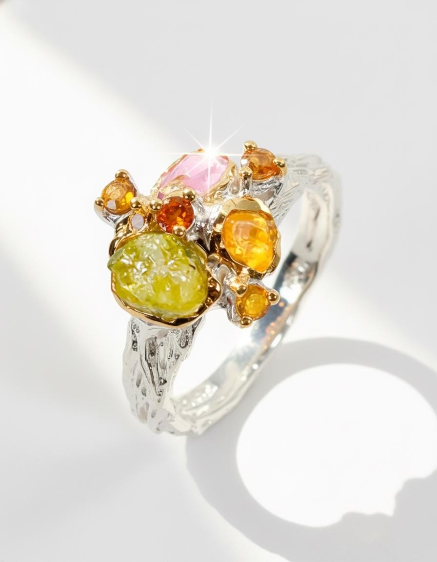 925 Silver Raw Colorful Peridot Sapphire Ring, main product image