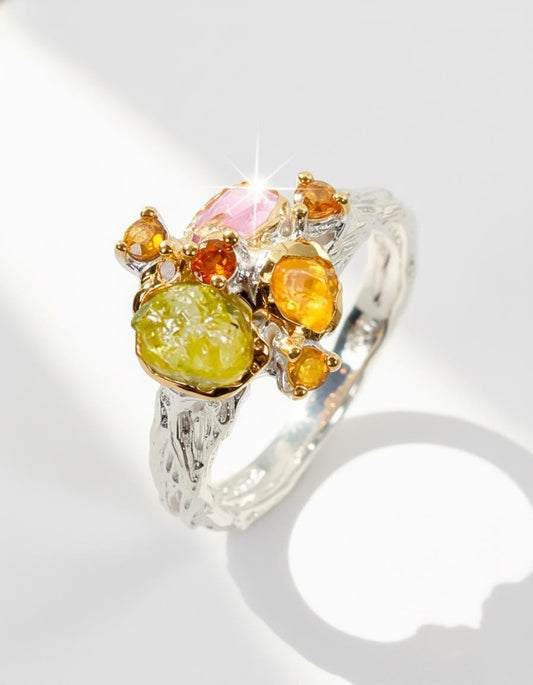 925 Silver Raw Colorful Peridot Sapphire Ring, main product image