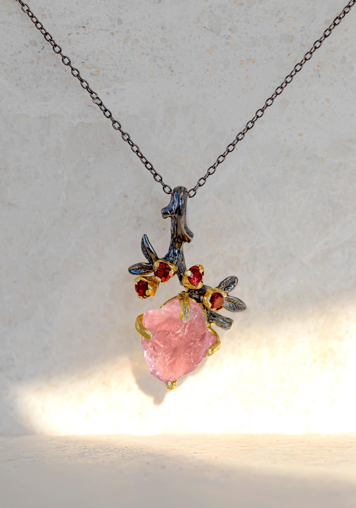 925 Sterling Silver Raw Pink Morganite Necklace, additional angle