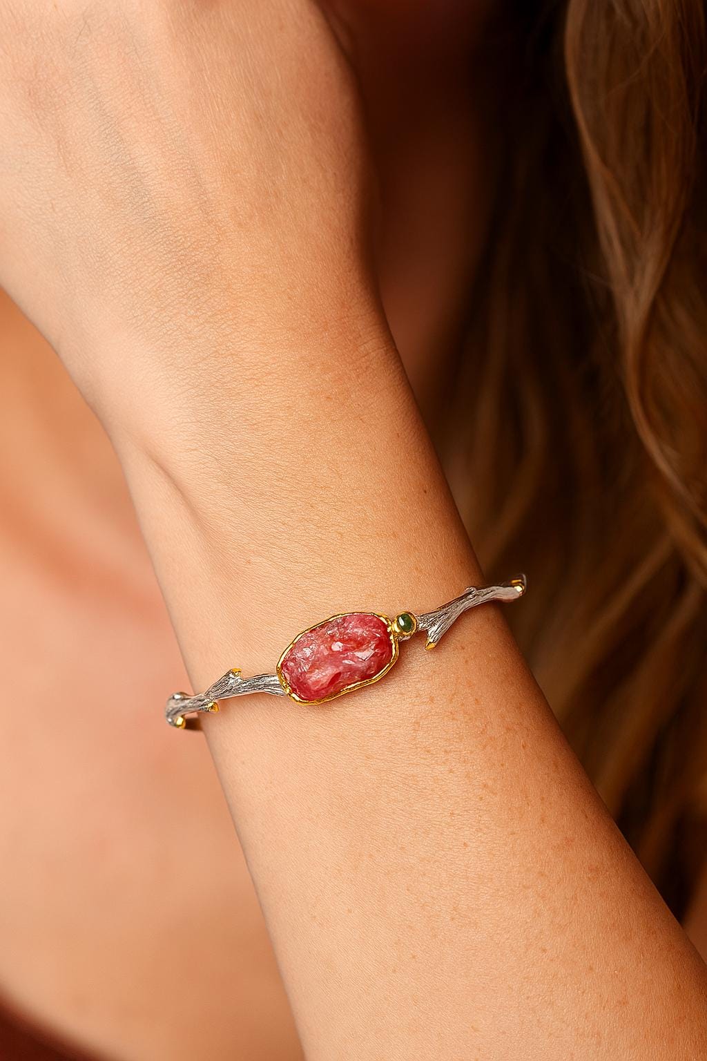 925 Sterling Silver Raw Pink Ruby Cuff Bracelet, alternate angle