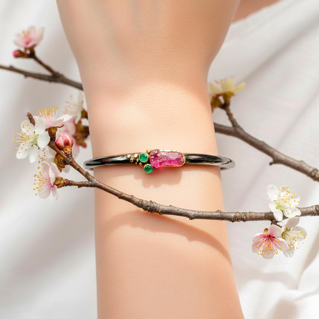 925 Sterling Silver Raw Pink Ruby Cuff Bracelet, alternate angle