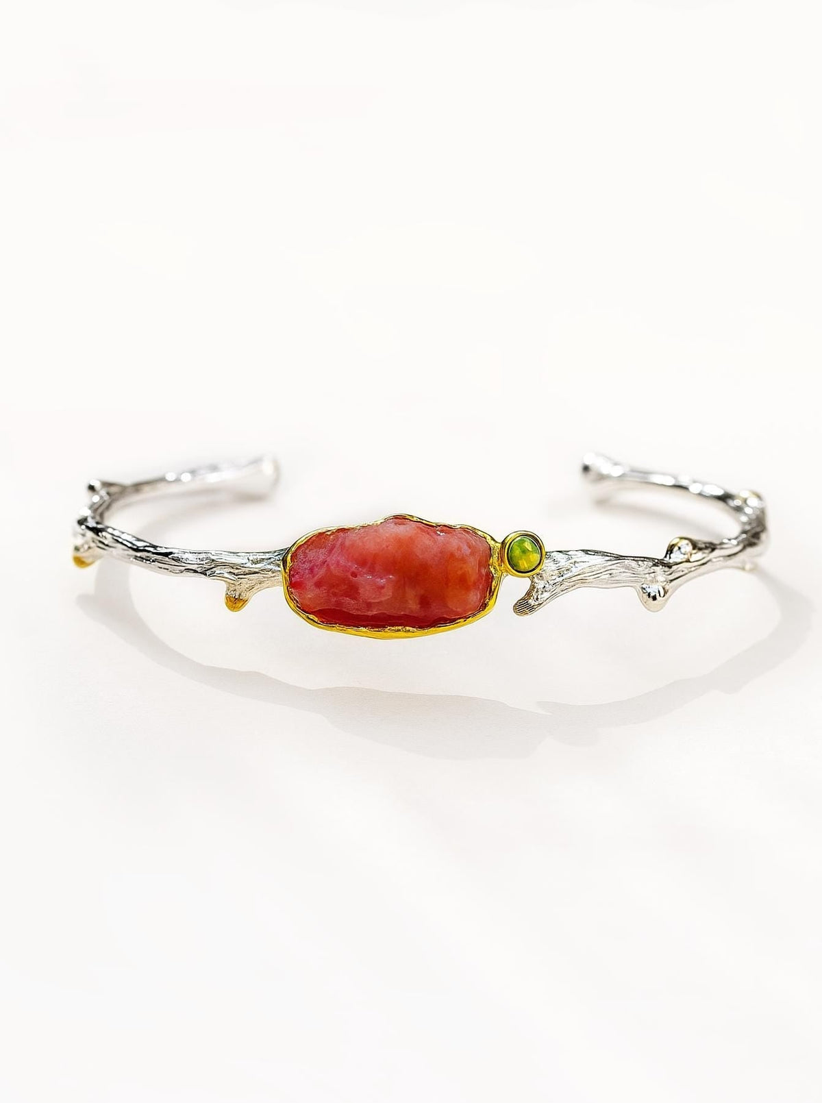 925 Sterling Silver Raw Pink Ruby Cuff Bracelet, close-up detail