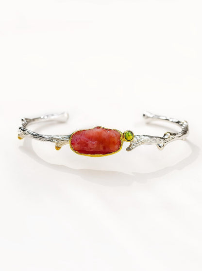 925 Sterling Silver Raw Pink Ruby Cuff Bracelet, close-up detail