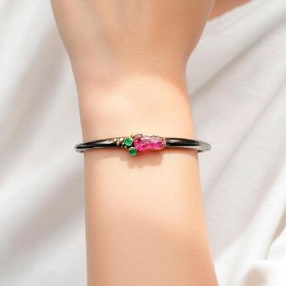 925 Sterling Silver Raw Pink Ruby Cuff Bracelet, close-up detail