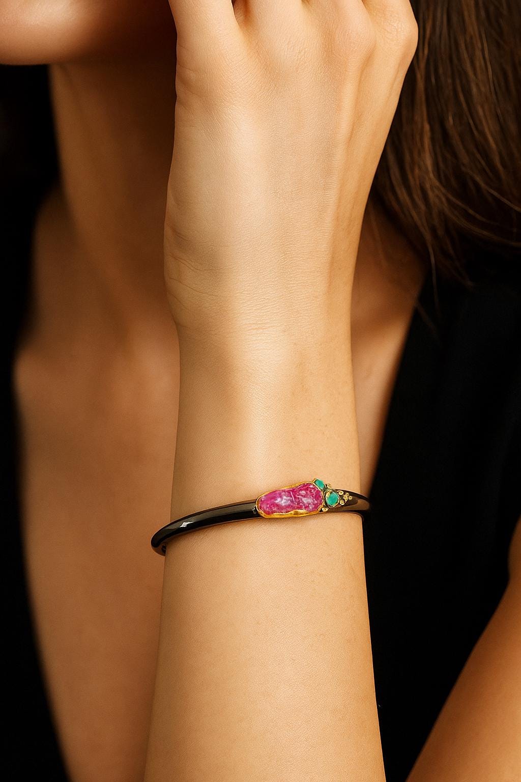 925 Sterling Silver Raw Pink Ruby Cuff Bracelet, worn on wrist