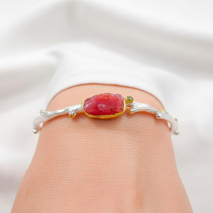 925 Sterling Silver Raw Pink Ruby Cuff Bracelet, link or setting detail