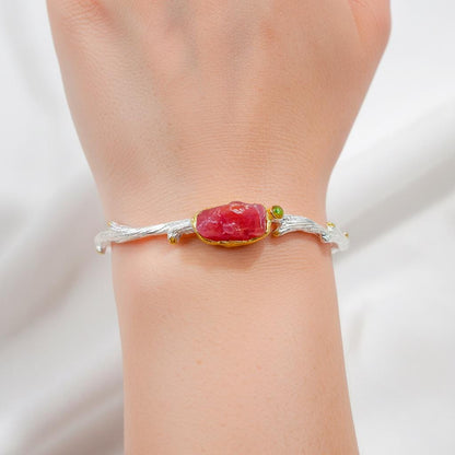 925 Sterling Silver Raw Pink Ruby Cuff Bracelet, additional angle