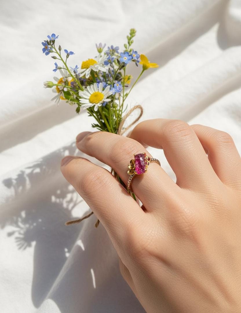925 Sterling Silver Raw Pink Ruby Ring, close-up detail