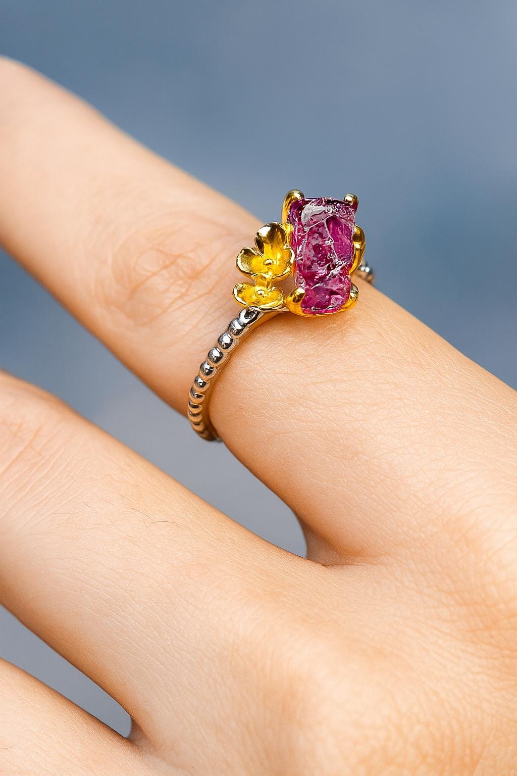 925 Sterling Silver Raw Pink Ruby Ring, side view