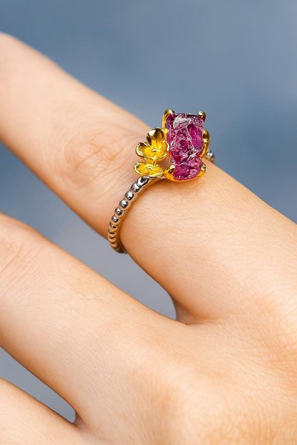 925 Sterling Silver Raw Pink Ruby Ring, side view