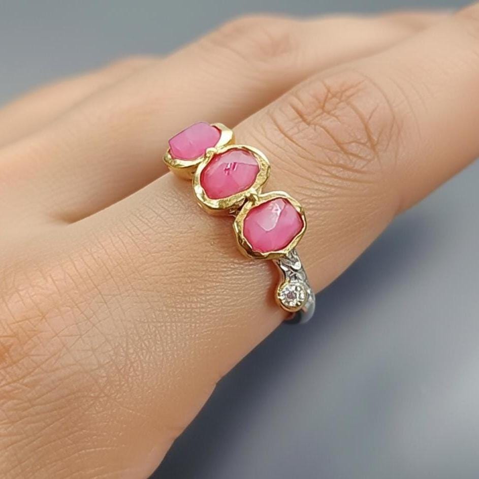 925 Sterling Silver Raw Pink Ruby Ring, side view
