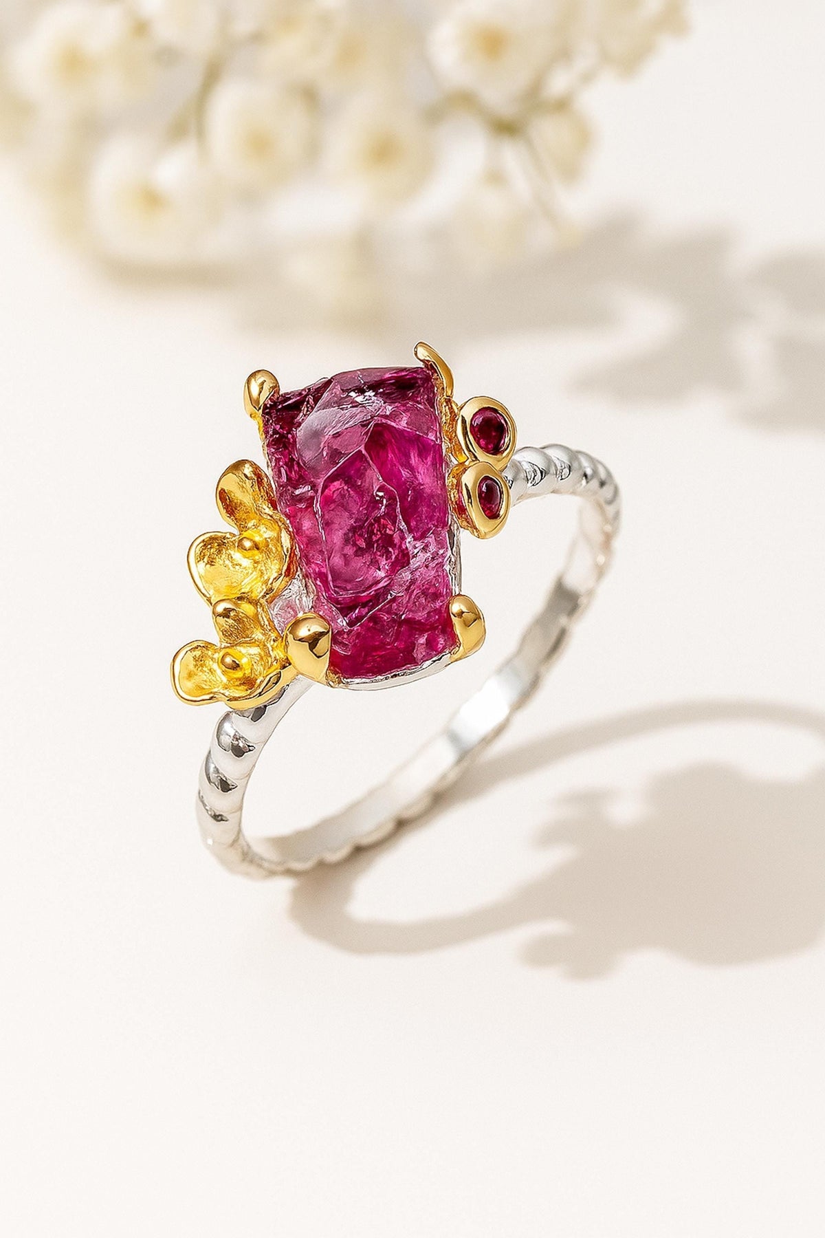 925 Sterling Silver Raw Pink Ruby Ring, worn on hand