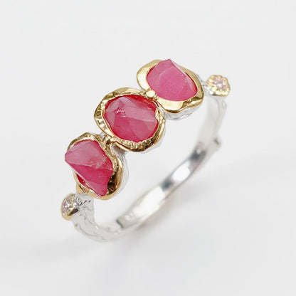 925 Sterling Silver Raw Pink Ruby Ring, worn on hand