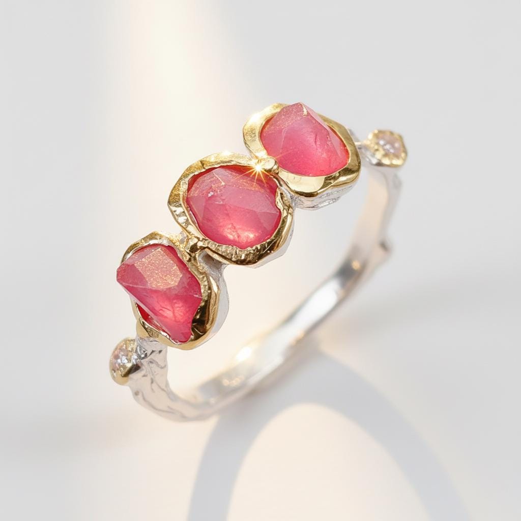 925 Sterling Silver Raw Pink Ruby Ring, setting detail
