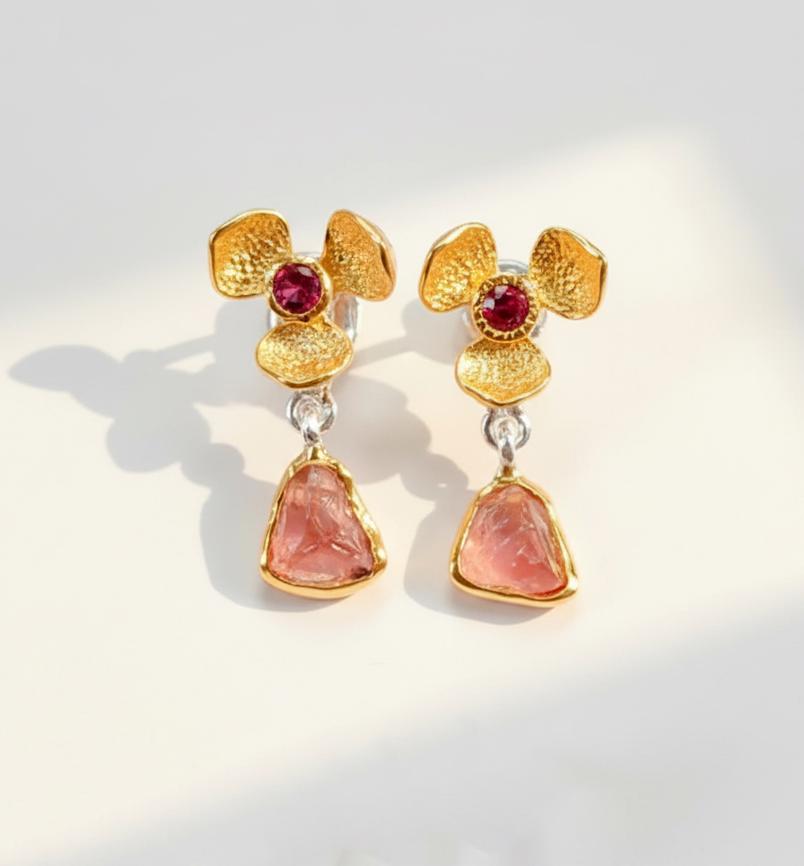 925 Sterling Silver Raw Pink Tourmaline Earrings, close-up detail