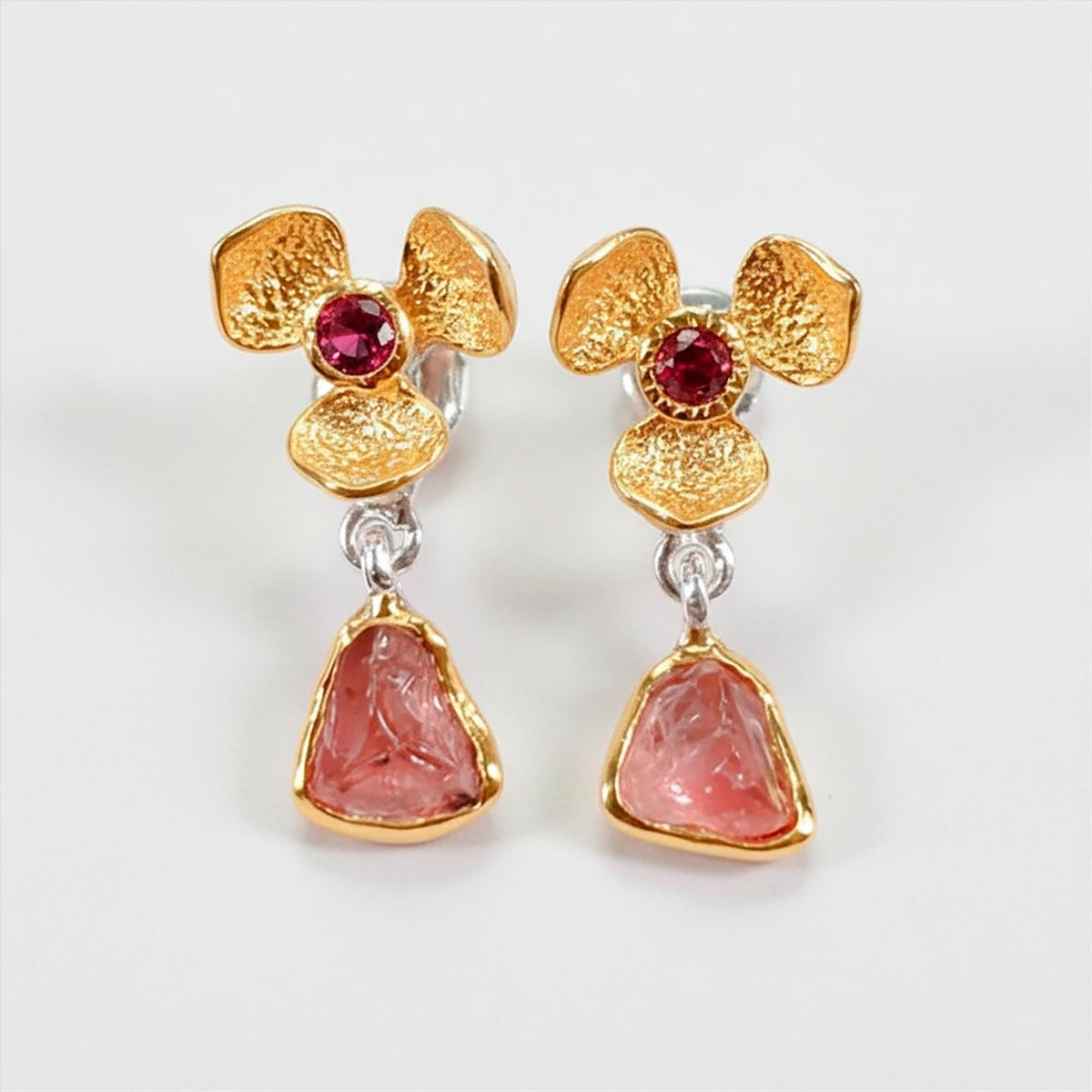 925 Sterling Silver Raw Pink Tourmaline Earrings, worn view