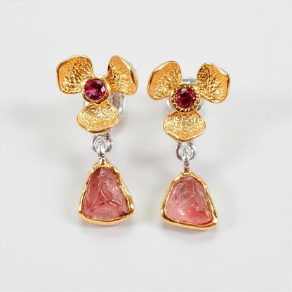 925 Sterling Silver Raw Pink Tourmaline Earrings, worn view