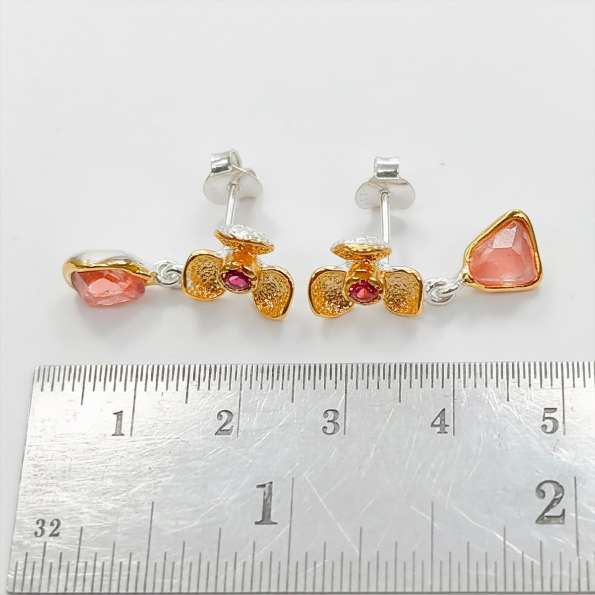 925 Sterling Silver Raw Pink Tourmaline Earrings, worn look