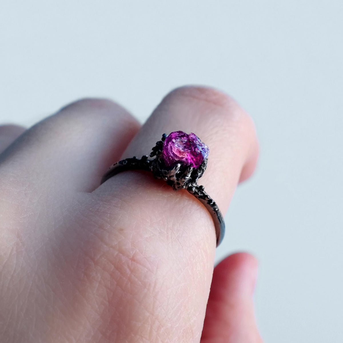 925 Sterling Silver Raw Pink Tourmaline Ring, close-up detail