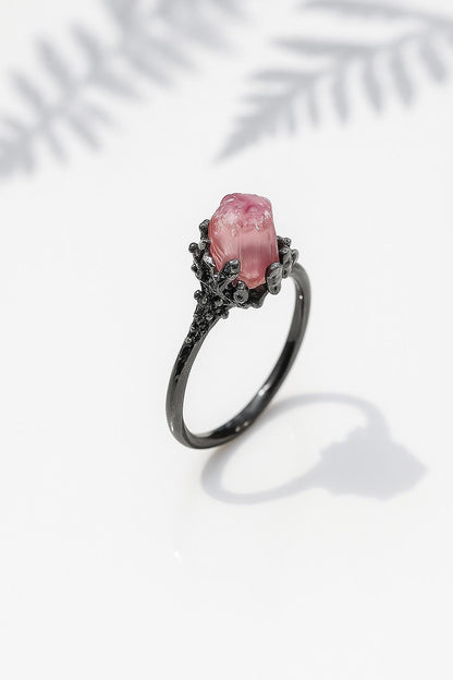 925 Sterling Silver Raw Pink Tourmaline Ring, worn on hand