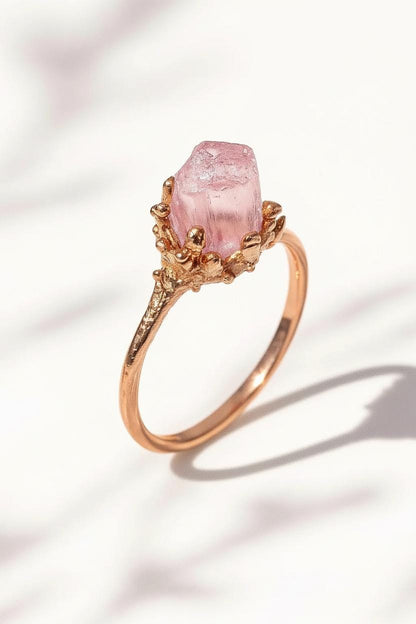 925 Sterling Silver Raw Pink Tourmaline Ring, setting detail