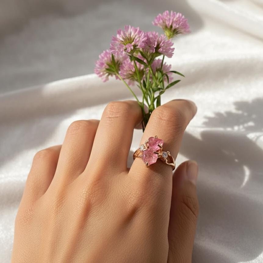 925 Sterling Silver Raw Pink Tourmaline Ring, alternate angle