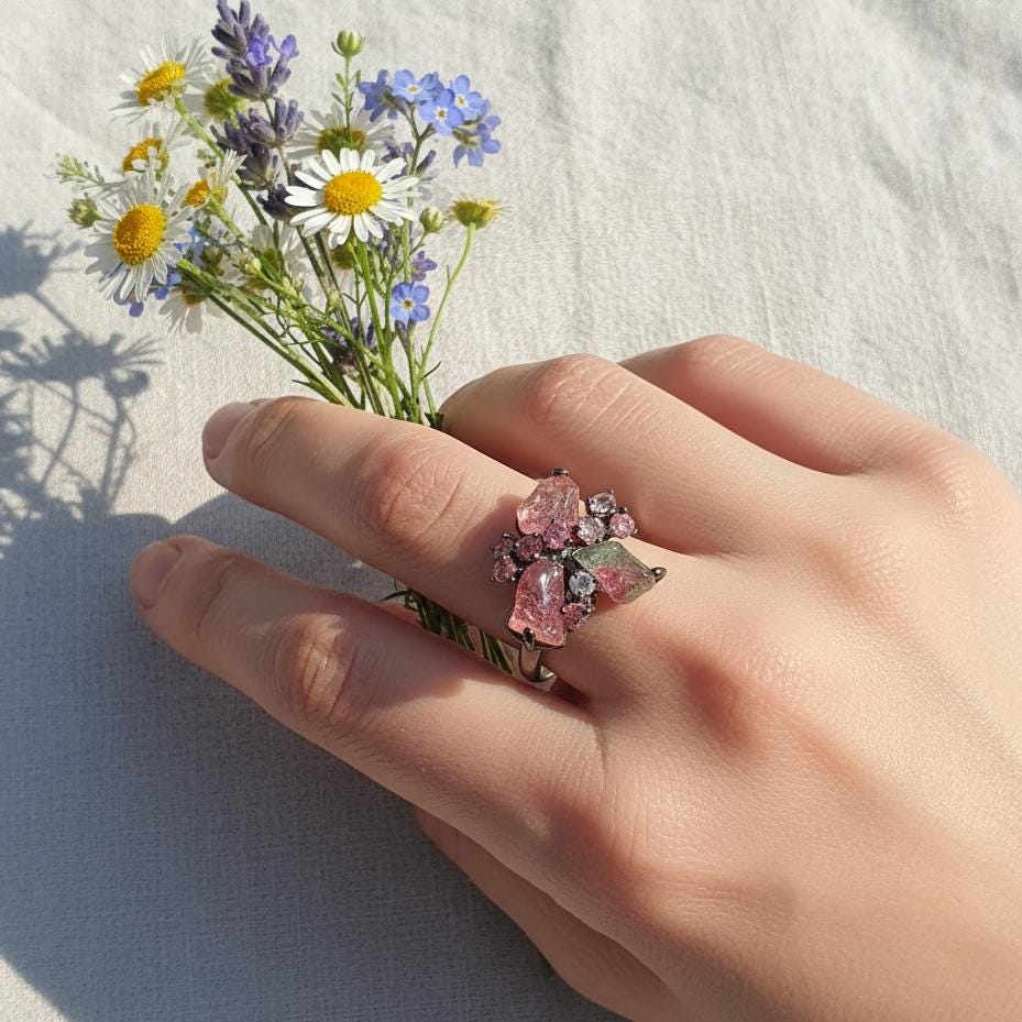 925 Sterling Silver Raw Tourmaline Ring, close-up detail