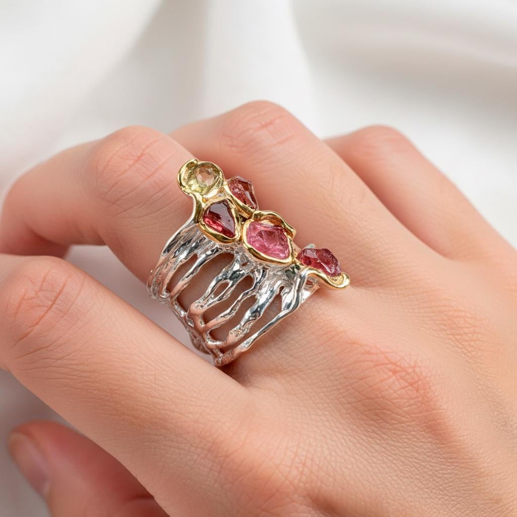 925 Sterling Silver Raw Pink Tourmaline Ring, close-up detail