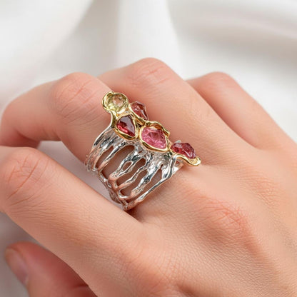 925 Sterling Silver Raw Pink Tourmaline Ring, close-up detail