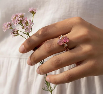 925 Sterling Silver Raw Pink Tourmaline Ring, close-up detail