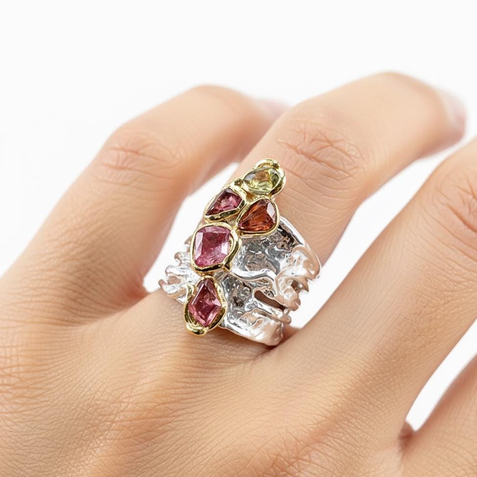 925 Sterling Silver Raw Pink Tourmaline Ring, side view