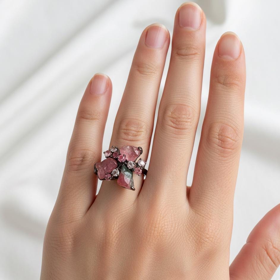 925 Sterling Silver Raw Tourmaline Ring, worn on hand