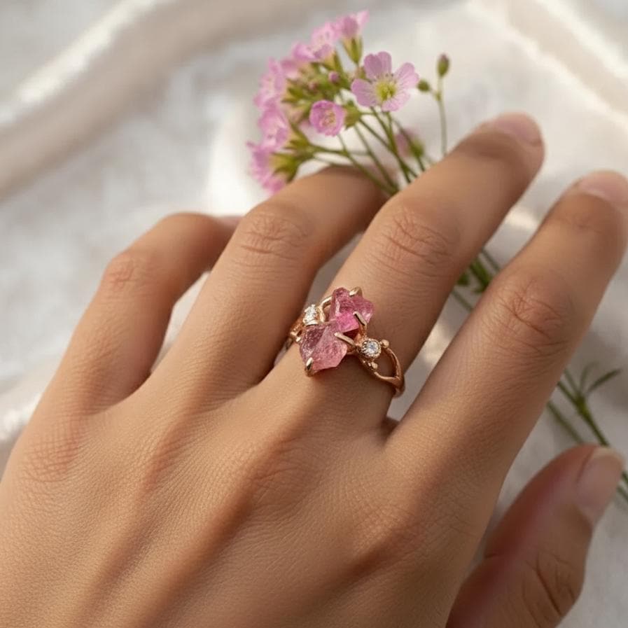 925 Sterling Silver Raw Pink Tourmaline Ring, worn on hand